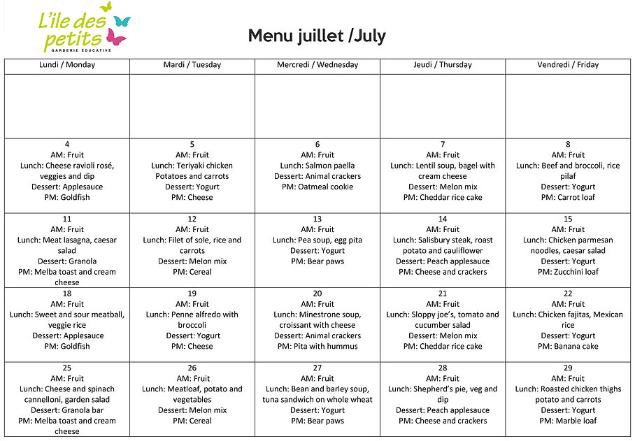 Menu L'ile des petits daycare Verdun